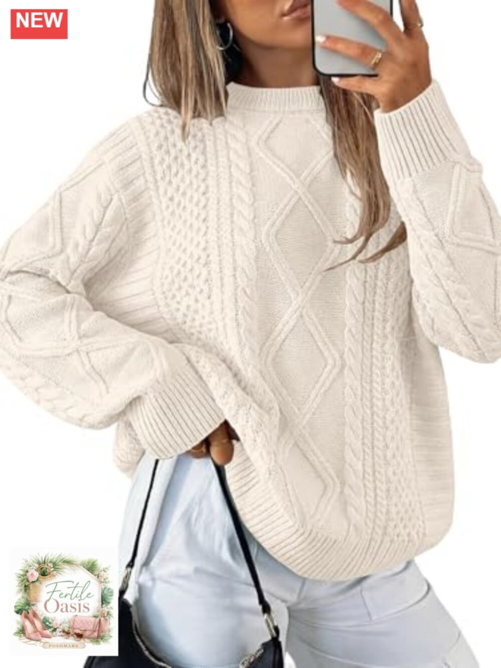 Women's Oversized Cable Knit Crewneck Pullover Sweater 100% Acrylic Fall